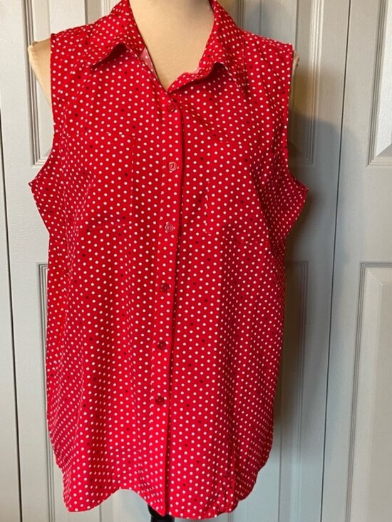 Notations Tops - Notations Women's Sleeveless Summer Button Front Red & White Polka Dot Top 1X